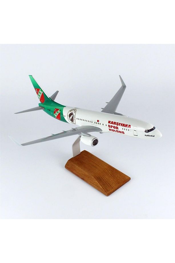 THY038 1/100 Ölçek, THY Karşıyaka Spor Logolu B737-800 Yolcu Uçağı, Sergilemeye Hazır Ahşap Standlı - 1
