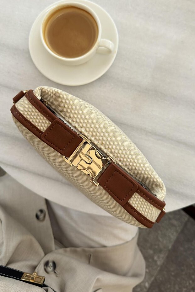 Linen Medium Size Women's Hand and Shoulder Bag with Gold Lock Accessory Santorini Tan - 5