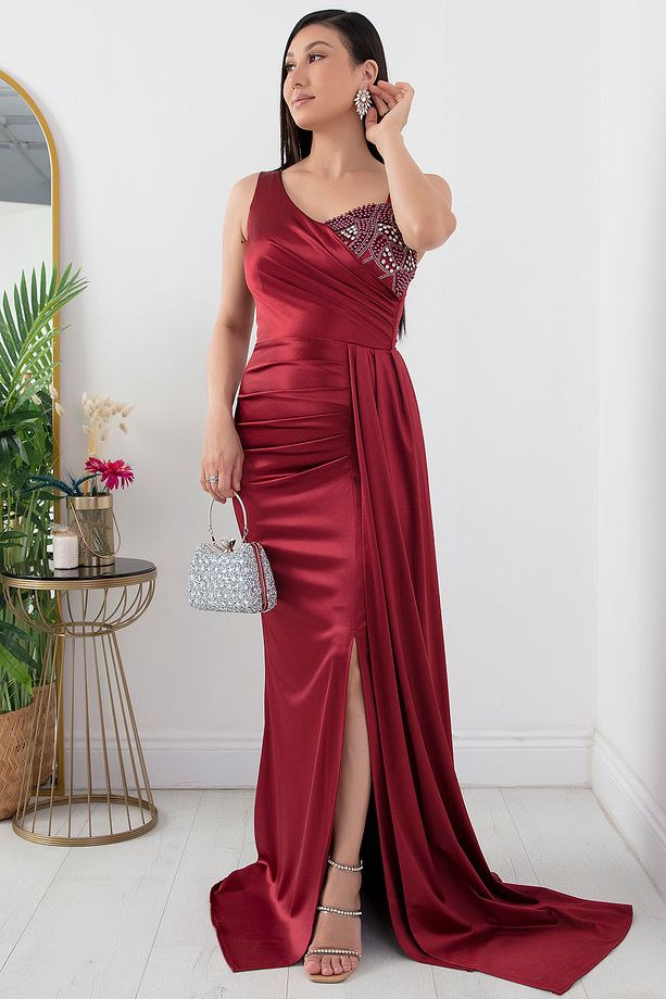 Tek Omuz Göğüs Taşlı Elbise 39871 - 5