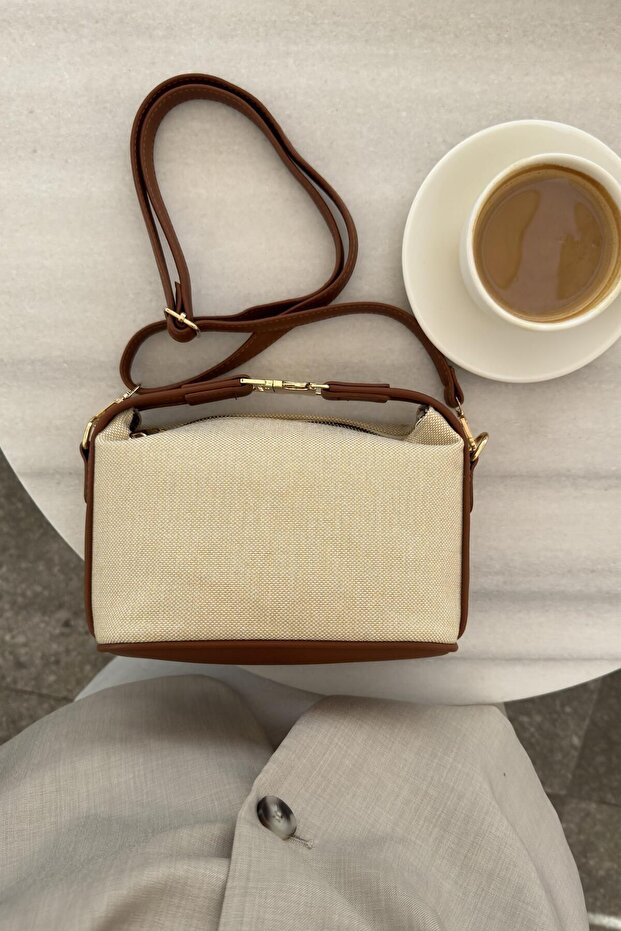 Linen Medium Size Women's Hand and Shoulder Bag with Gold Lock Accessory Santorini Tan - 7