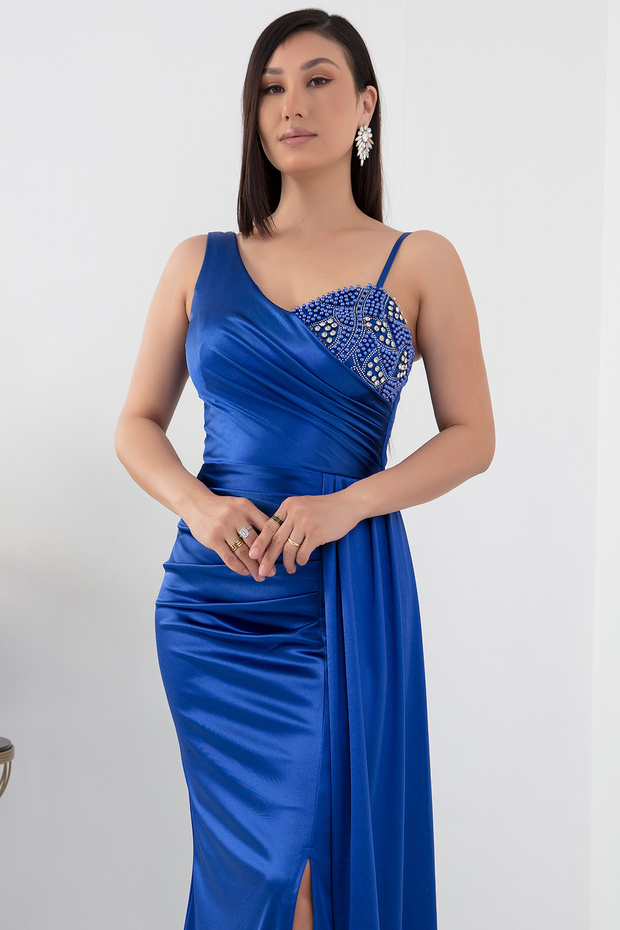 Tek Omuz Göğüs Taşlı Elbise 39871 - 2