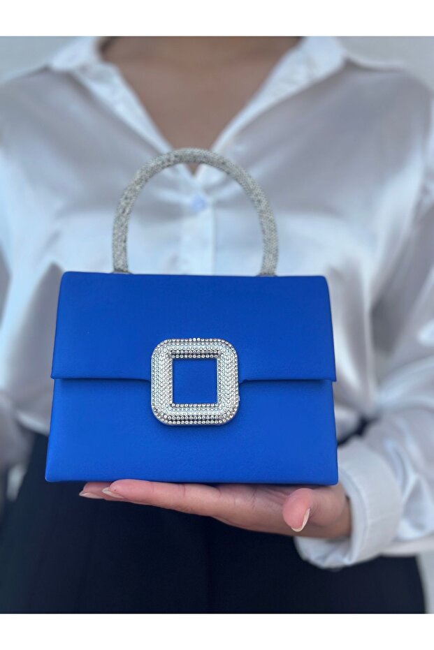 Women's Sax Blue Satin Covered Evening Dress Shoulder Bag with Accessory Detail and Chain