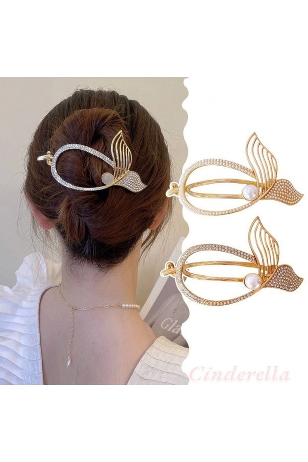 Pearl and Stone Fish Tail Metal Clip Bun Hairpin Gold - New Season Women's Pinch Hair Clip
