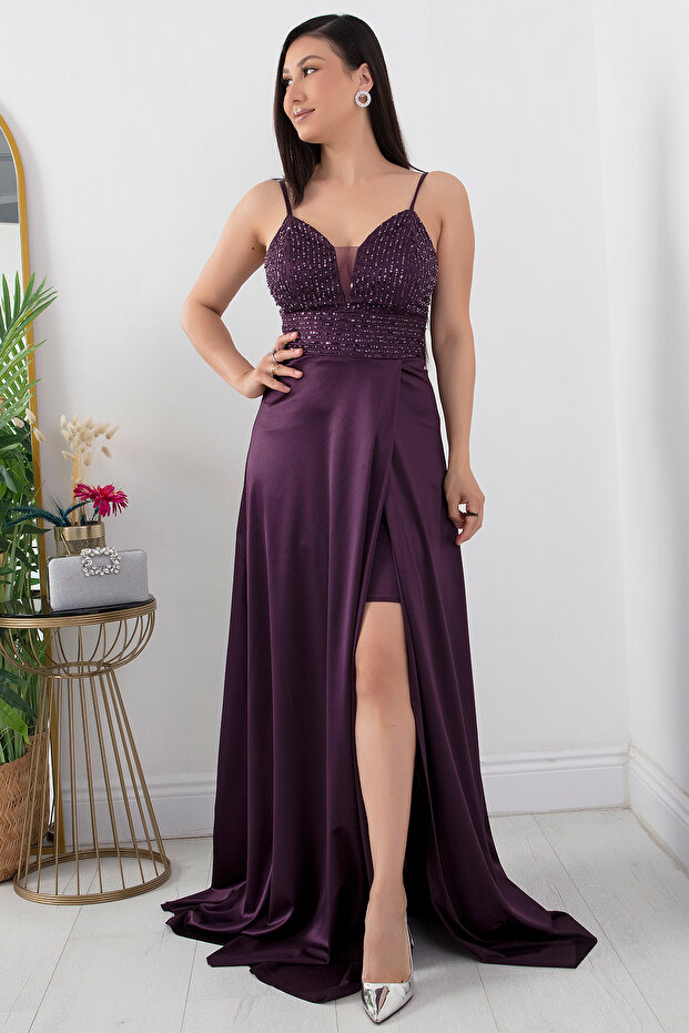 Göğüs Pullu Askılı Saten Elbise 39885 - 4