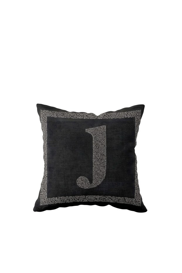 Letter J Anthracite Floor Gray Framed Decorative Pillow Case with One Side Printed Hidden Zipper