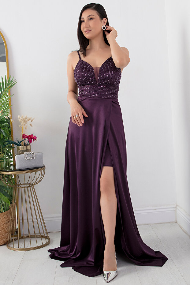 Göğüs Pullu Askılı Saten Elbise 39885 - 5