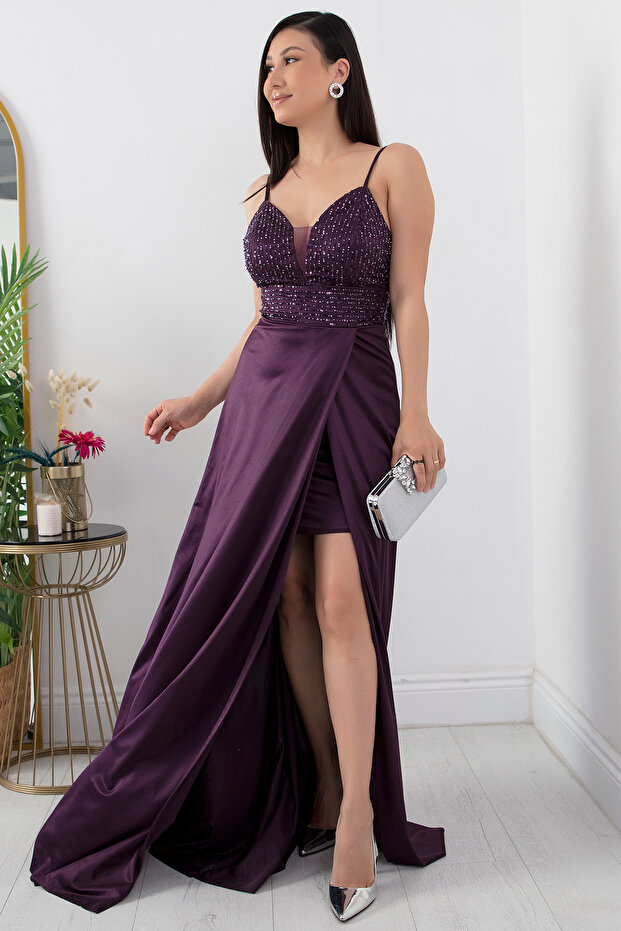 Göğüs Pullu Askılı Saten Elbise 39885 - 3