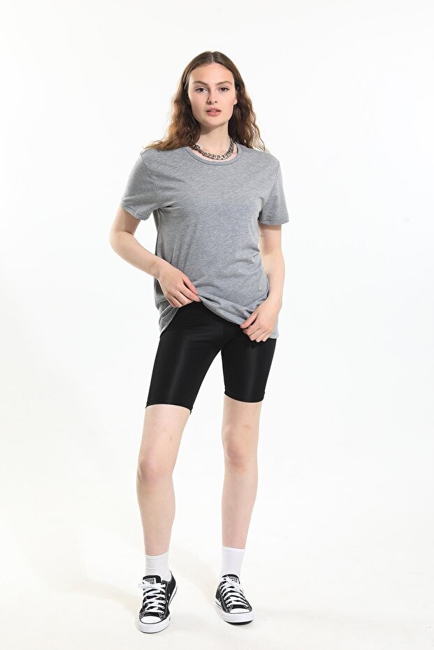 Gri, Oversize Fit Pamuklu Kısa Kollu Basic Uniseks Kadın Erkek Tişört - 3