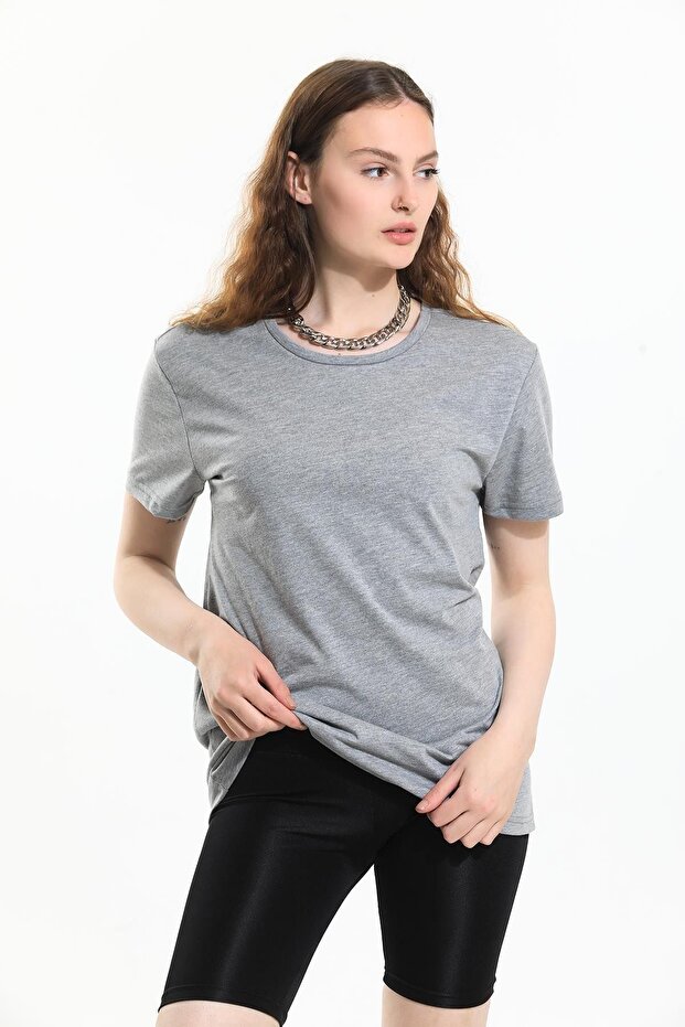 Gri, Oversize Fit Pamuklu Kısa Kollu Basic Uniseks Kadın Erkek Tişört - 1