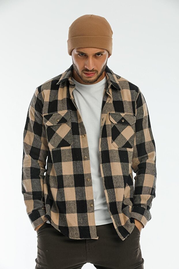 Ekru, Çift Cep Kapaklı Oversize Kareli Kalın Ekose Oduncu Erkek Gömlek Ceket Shacket - 1
