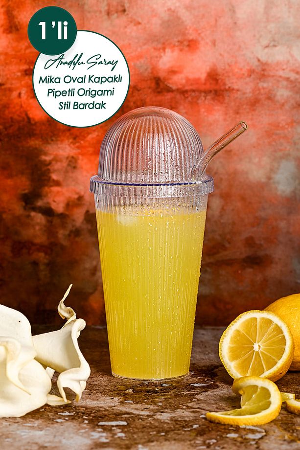 1 Adet Mika (Cam Değildir) Oval Kapaklı Pipetli Origami Stil Bardak Soğuk Kahve Meşrubat Bardağı - 1