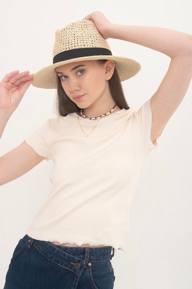 Ecru Baby Overlock Short Sleeve Blouse Camisole Ribbed Women's Blouse.
