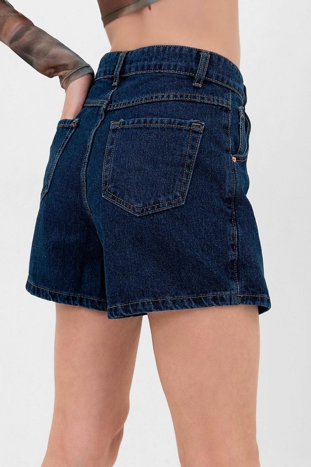Lacivert Tek Düğme, Fermuarlı Denim Şort Kot Kadın Etek - 7