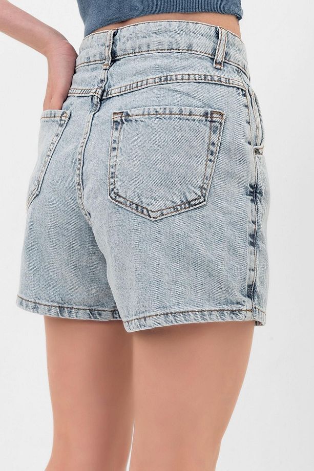 Açık Mavi Tek Düğme, Fermuarlı Denim Şort Kot Kadın Etek - 7
