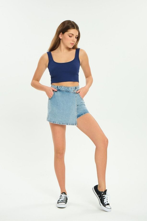 Mavi Tek Düğme, Fermuarlı Denim Şort Kot Kadın Etek - 4