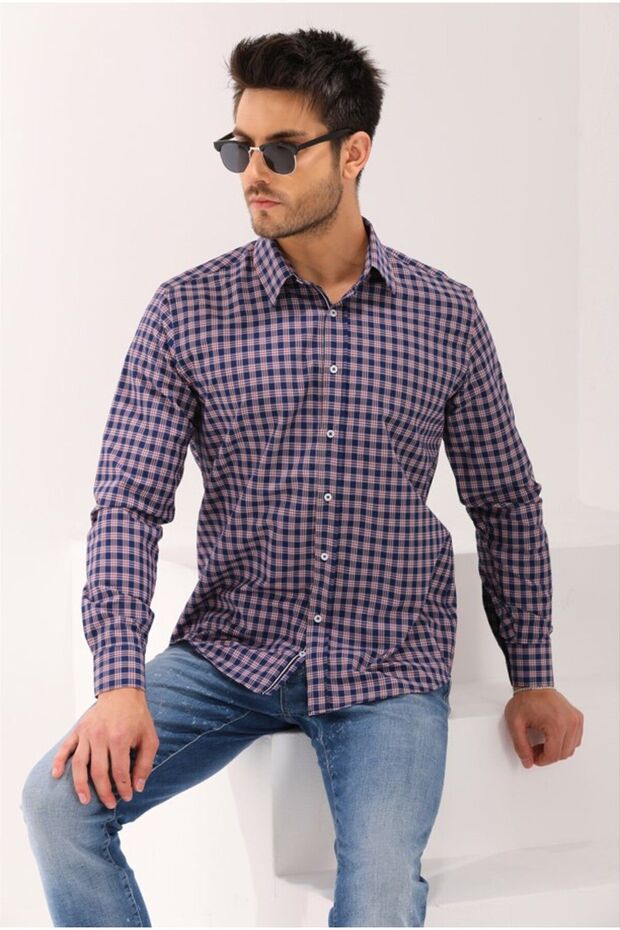 Navy Blue Plaid Checkered Regular Men's Shirt