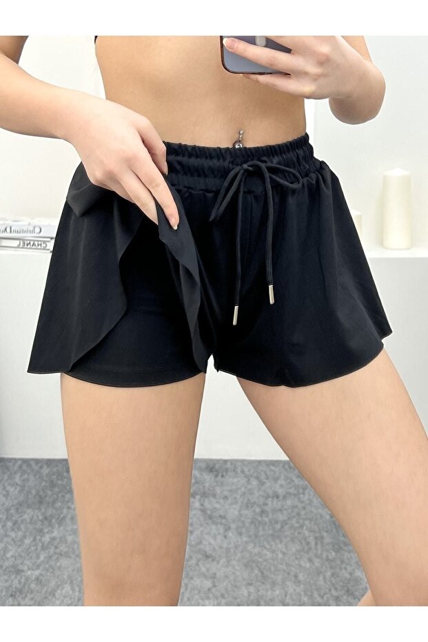 Black Side Opening Ruffle Women's Sea and Pool Shorts