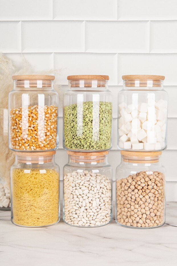 6-Piece Wooden Glass Jar with Vacuum Lid Storage Container Spice Jar Set Pulses Set 800 ml