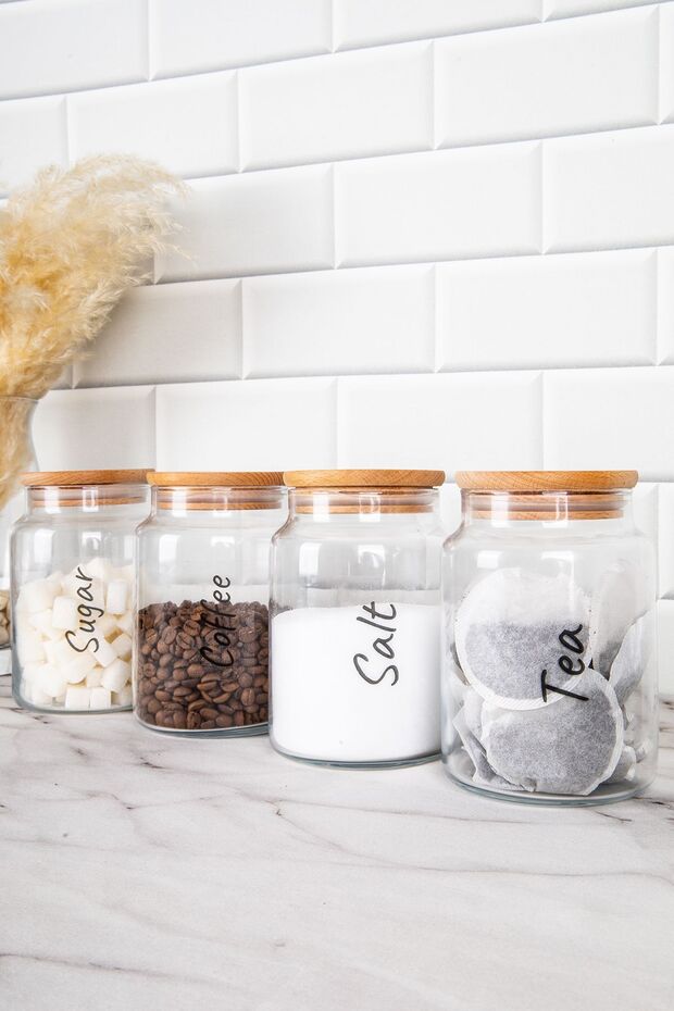 4-Piece Wooden Vacuum Lid Transparent Label Tea Sugar Coffee Salt Storage Container Glass Jar Set 800ml