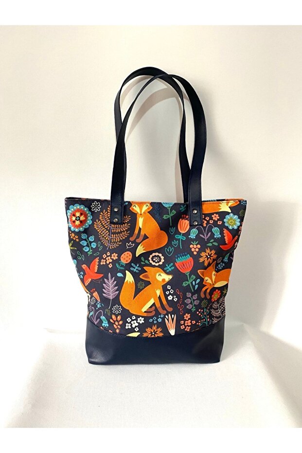 Faux Leather Navy Blue Handbag - Fox Pattern