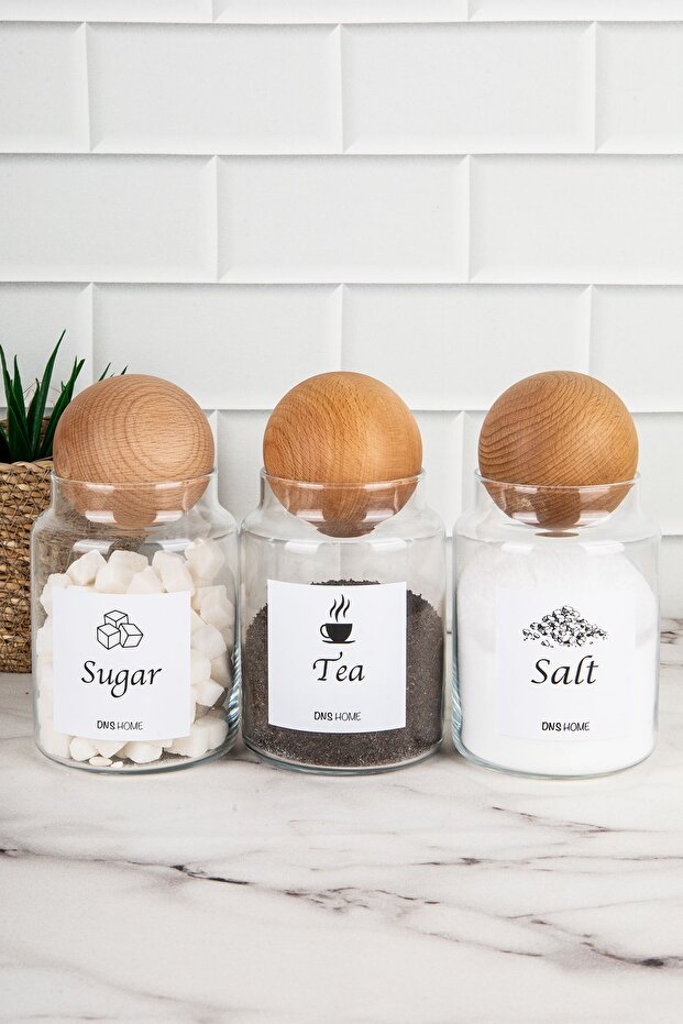 3-Piece Wooden Ball Lid English Label Tea Candy Salt Storage Container Jar 800 ML
