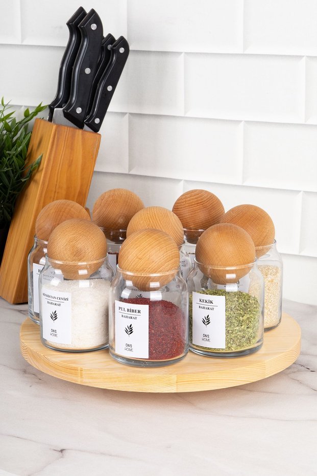 8-Piece Glass Spice Rack with Wooden Ball Lid and Rotating Stand and Label 300 ml