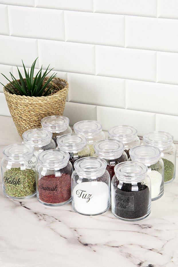 مجموعة من 12 برطمان توابل بأغطية شفافة، طقم برطمانات بملصق شفاف، حاوية تخزين 300 مل - 1