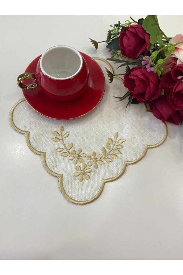 6 Pieces of Linen Fabric Embroidered Coffee Side Cocktail Napkin & Coasters