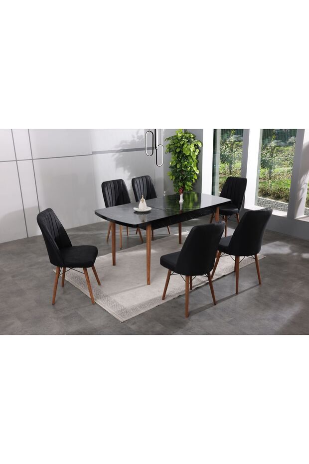 6 Kişilik Açılır Mermer Desen Masa Sandalye Takımı Mutfak Masası , Salon ve Yemek Masası Takımı - 1