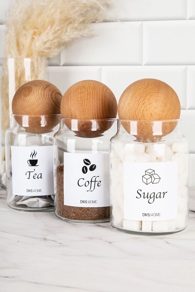 Set of 3 Wooden Ball Lid Tea Candy Coffee Storage Container Jars with English Label 800 ml