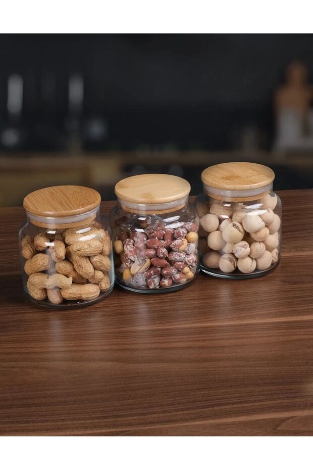 Set of 3 Glass Jars with Bamboo Lids & Food Storage Containers 500 ml