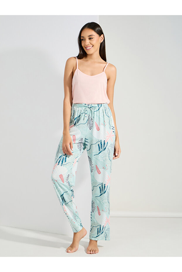 Solid Cami & Tropical Print Pyjama Set - 6