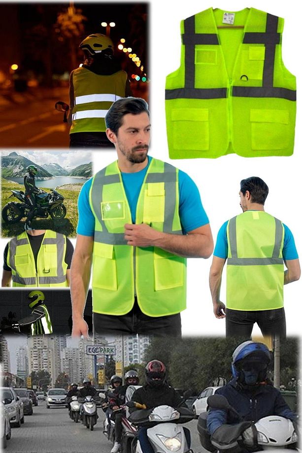Neon Fosforlu Kurye Motorcu Müfredata Uygun Yeni Kural Reflektörlü Terletmez Fileli Cepli Yelek Sarı - 7