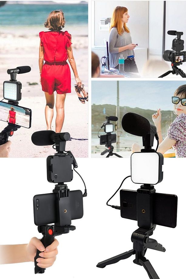 Akıllı Telefon Kamera Video Kiti Video Mikrofon Vlogging Youtube Yayın Video Flaşlı Mikrafon Seti - 1