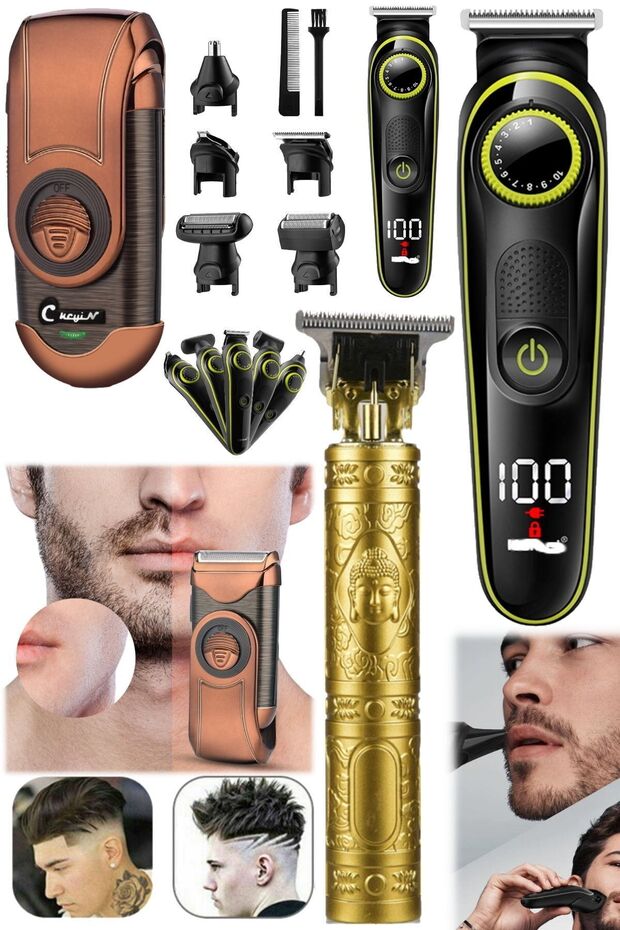 3 Başlıklı Tıraş Makinesi Ayarlı Taraklı Set 3 Farklı Hediyelik Profesyonel Tıraş Makinesi Berber - 6