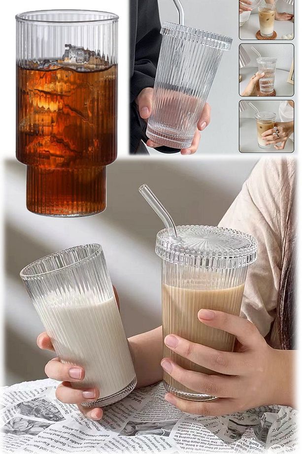 2 Adet Ice & Sıcak Pipetli Tırtıklı Cam Tumbr Fenomen Bardak Cam Kapak Coffe Su Bardak Kahve Fincan - 8