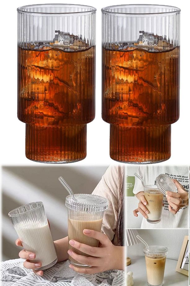 2 Adet Ice & Sıcak Pipetli Tırtıklı Cam Tumbr Fenomen Bardak Cam Kapak Coffe Su Bardak Kahve Fincan - 1