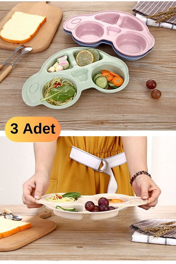 3 Adet Araba Şeklinde Bebek & Çocuklar Için Kahvaltı Tabağı Mama Tabağı Tablod Eğlenceli - 1