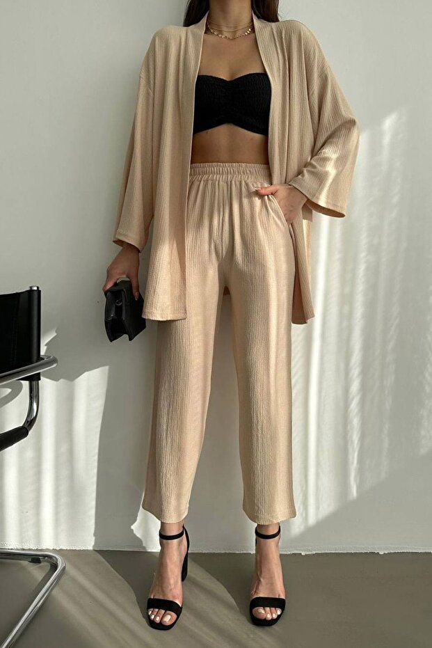 Women's Beige Seersucker Fabric Kimono Two-Piece Set with Pants