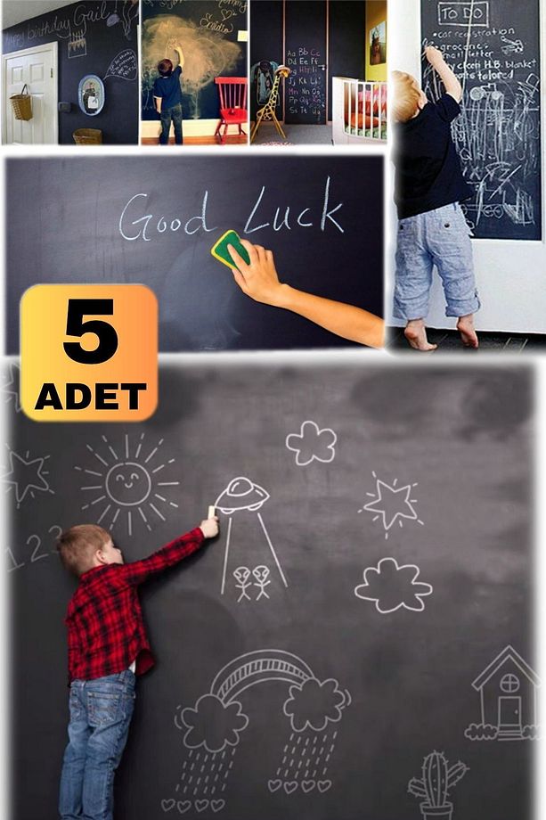 5 Adet Okul Dershane Için Heryere Yapışabilir Tebeşirli Kara Tahta Stickerı 200 X 60 Cm Folyo Tahta - 2