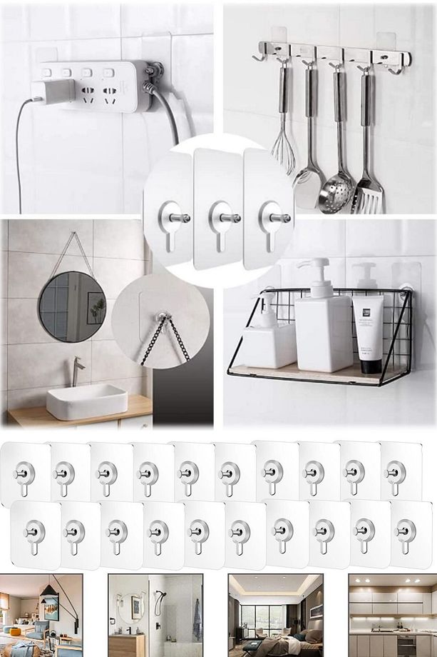 20 Adet Mutfak Banyo Vida Kanca Çıkartma Duvar Delmeden Yapışkanlı Çivi Vida As Duvar Tablo Çerçeve - 2