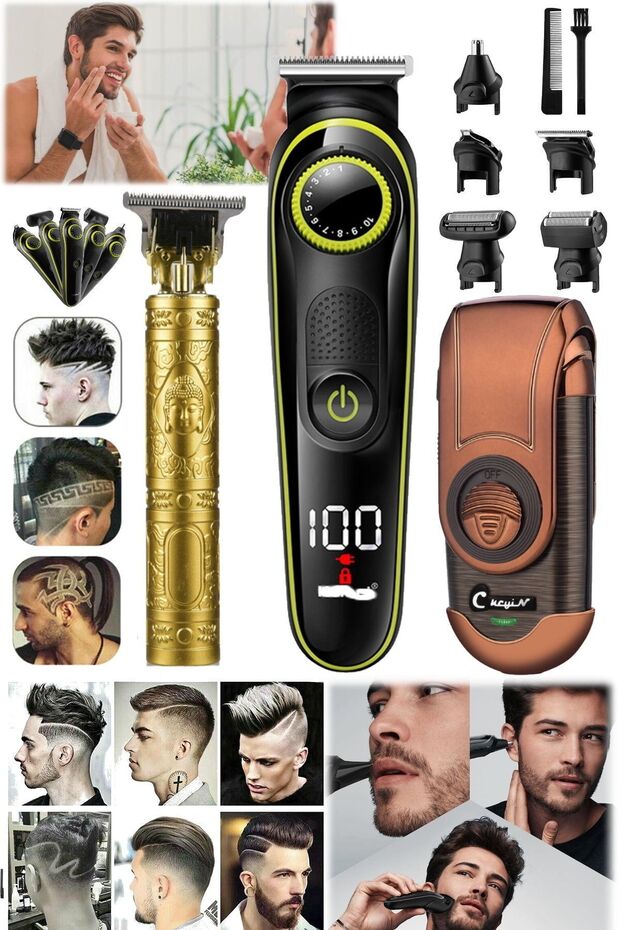 3 Başlıklı Tıraş Makinesi Ayarlı Taraklı Set 3 Farklı Hediyelik Profesyonel Tıraş Makinesi Berber - 4