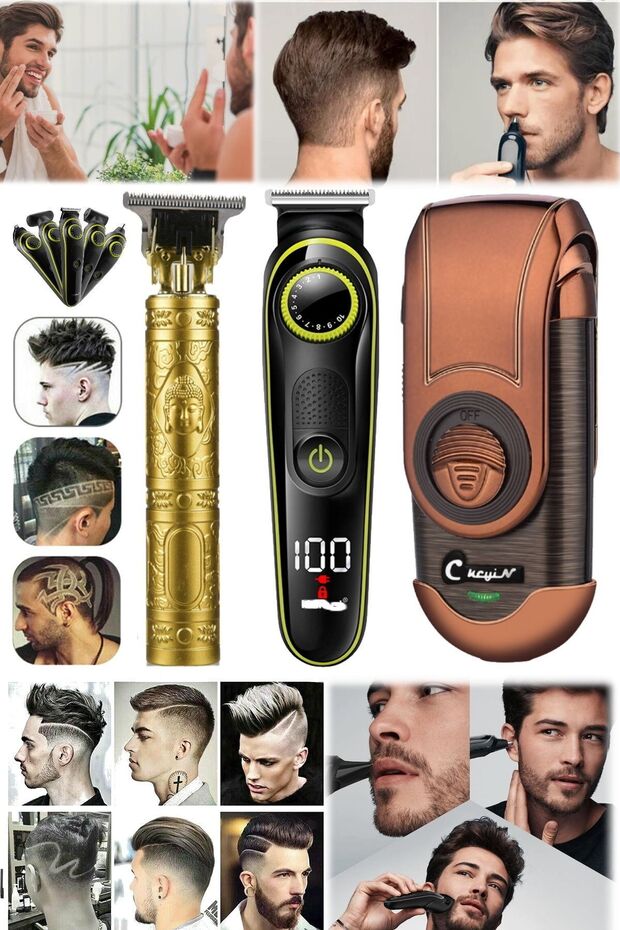 3 Başlıklı Tıraş Makinesi Ayarlı Taraklı Set 3 Farklı Hediyelik Profesyonel Tıraş Makinesi Berber - 3