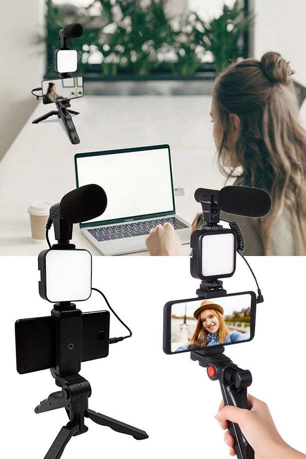 Akıllı Telefon Kamera Video Kiti Video Mikrofon Vlogging Youtube Yayın Video Flaşlı Mikrafon Seti - 6