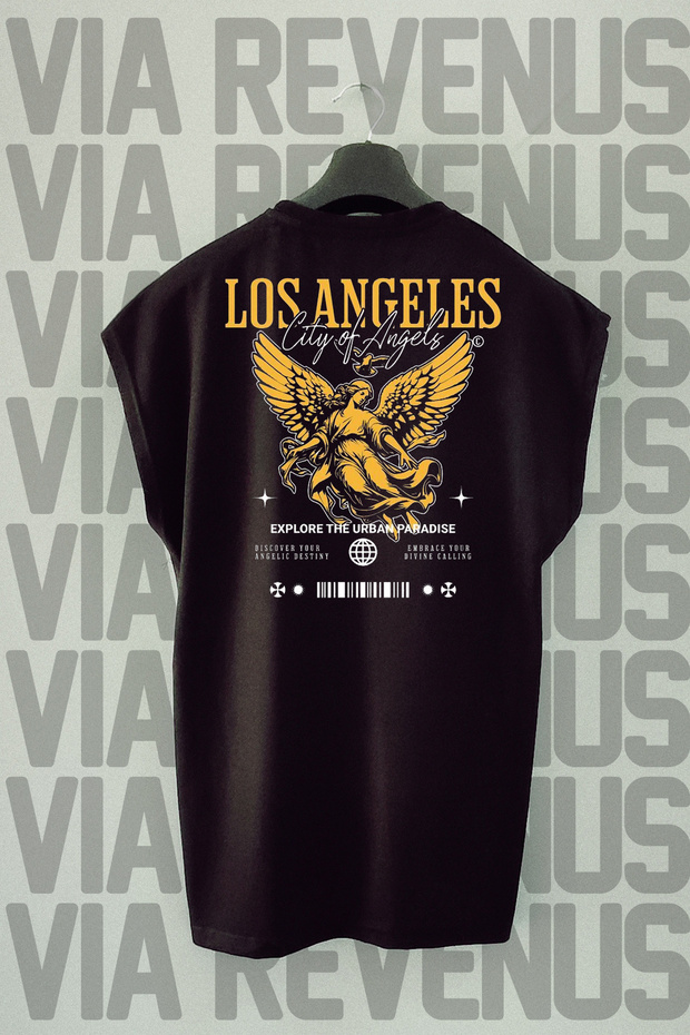 Los Angeles Back Printed Sleeveless Black Sport T-Shirt