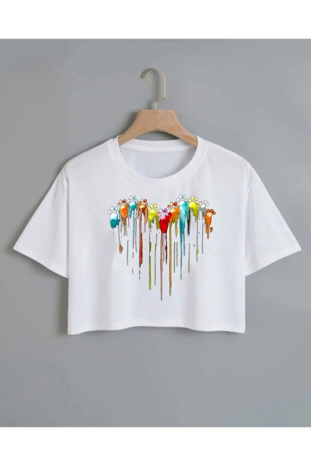 Kids' Paw Print Heart Printed Oversized Cropped t-shirt