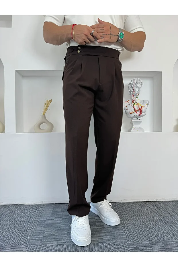 Acı Kahve Çift Yan Kemerli Baggy Kumaş Pantolon - 5