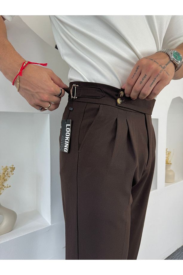 Acı Kahve Çift Yan Kemerli Baggy Kumaş Pantolon - 1