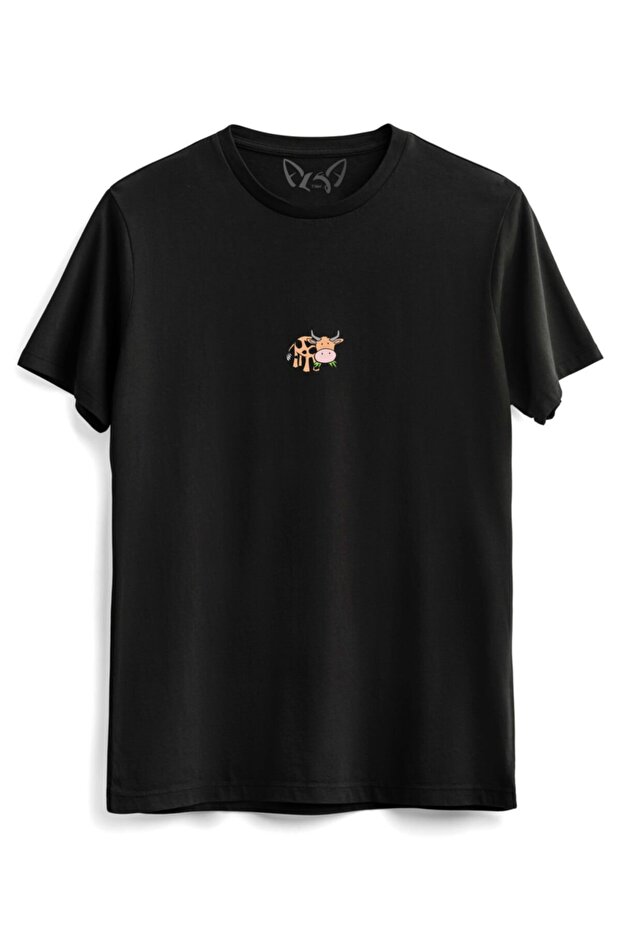 Animal Cow Illustrated Printed Black T-shirt