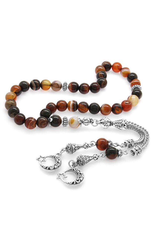 Non-Tarnish Metal Crescent Star Tasseled Globe Cut Red-black Agate Natural Stone Rosary